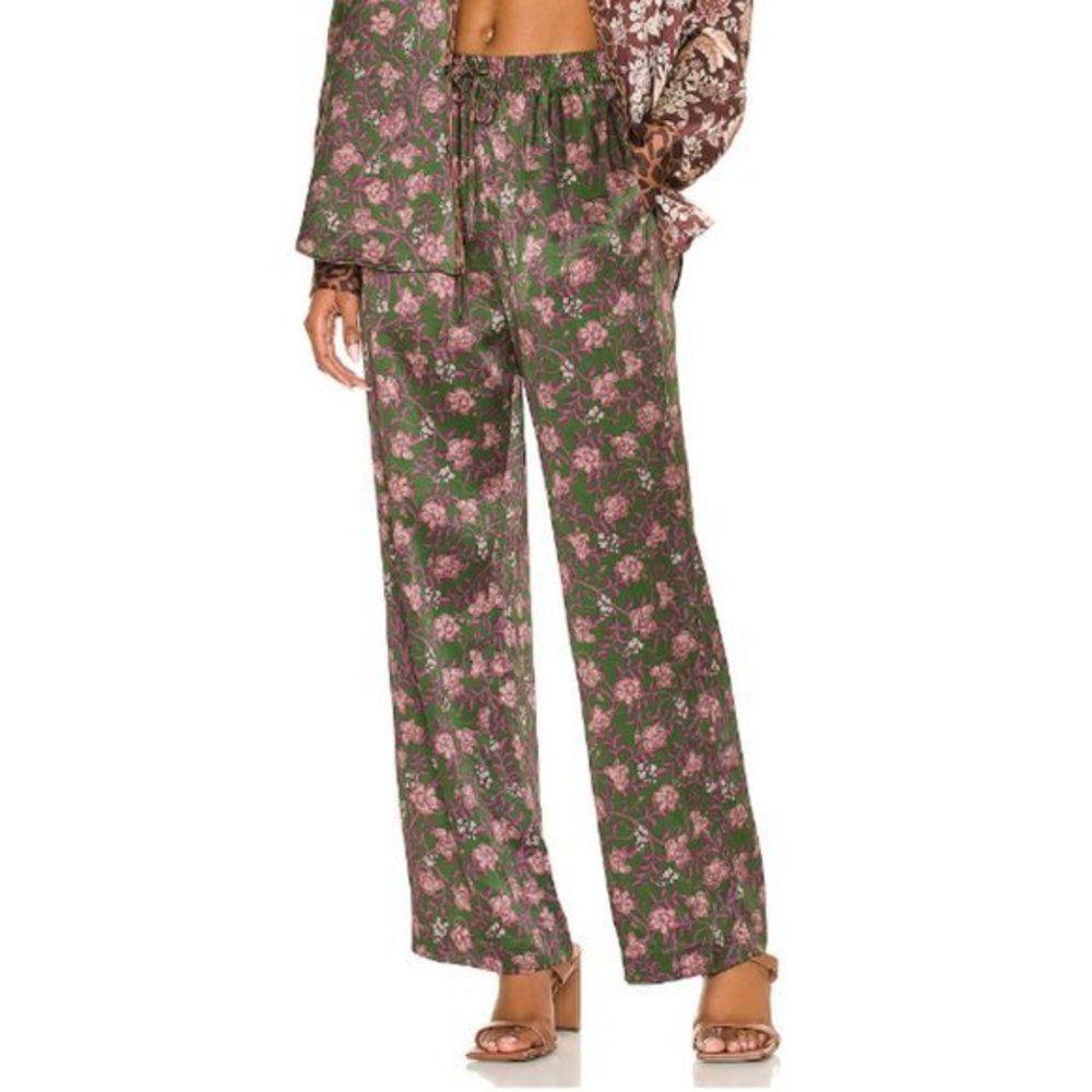 Revolve Tell Your Friends Pajama Pant Silk Floral Lourdes Green Medium